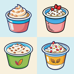 Four colorful cartoonstyle yogurt cups with different toppings like nuts and berries, presented in a grid on a light blue and beige background