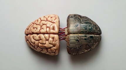 Human Brain, Connected to a Circuit Board, Symbolizing Artificial Intelligence, Cognitive Enhancement, and Human machine Integration
