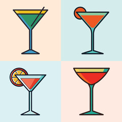 Four colorful cocktails in martini glasses, arranged in a 2x2 grid on a pastel background, representing a variety of drinks and celebration