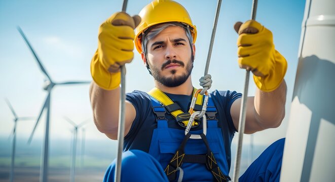 A focused wind turbine technician in a hard hat and safety harness works high above a wind farm, ensuring renewable energy production - Powered by Adobe