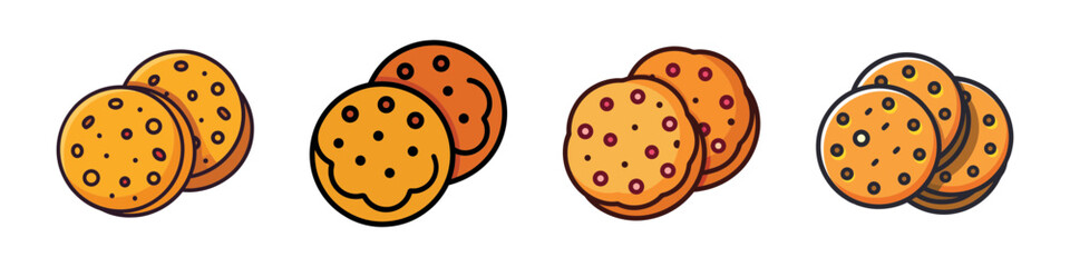 A collection of four pairs of cartoon cookies, each pair featuring two round, goldenbrown cookies with dark brown chocolate chips, isolated on a