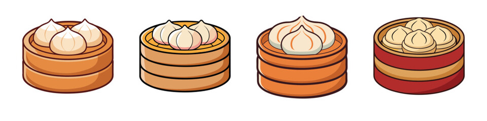 Four different types of steamed dumplings in bamboo steamers