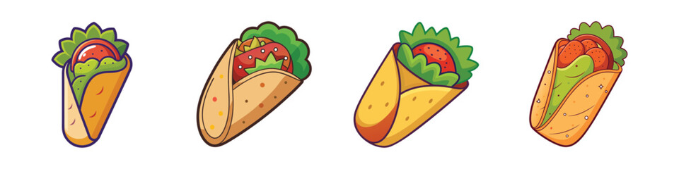 Four cartoon tacos with lettuce and tomato filling