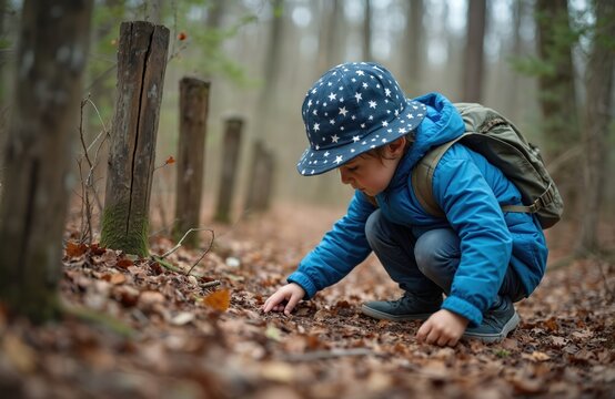 Young boy with backpack explores forest path. Child crouches, looks for treasure or geocache in autumn woods. Child wears blue jacket and star hat.