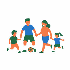 Happy family playing soccer together outdoors.