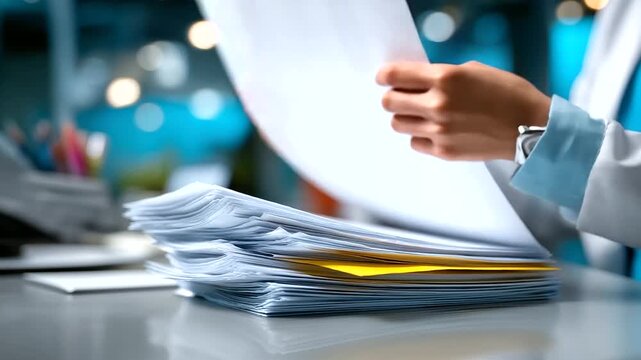 Anonymous office worker's hands organizing documents with blurred figure and crystal clear medical records pile visible, with copy space