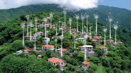 Remote villages receiving satellite signals, bright optimistic tone,