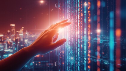 Hand touching a vibrant futuristic digital display with glowing lights