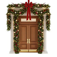 Fototapeta premium Elegant christmas door decoration with garland, lights, and red bow isolated on transparent background for festive cheer