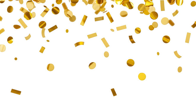 Gold confetti cascade on black creates festive sparkle. Ideal for holiday promotions, events, or elegant celebration background.