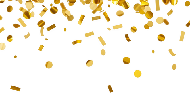 Gold confetti cascade on black creates festive sparkle. Ideal for holiday promotions, events, or elegant celebration background.