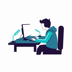 Young man working on computer at desk with dual monitors.