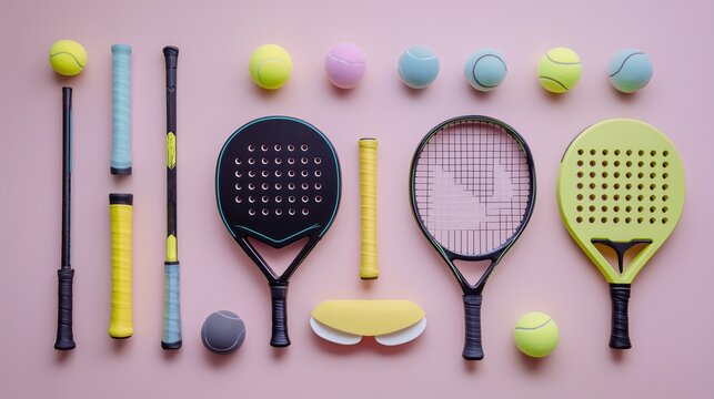Colorful sports equipment arranged on a pink background for tennis and padel games