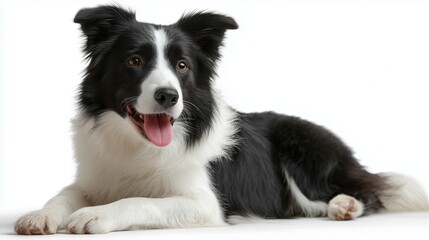 Fototapeta premium Happy black and white border collie laying down on a white background in a studio setting