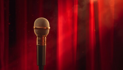 Vintage gold microphone on stage with red curtain background