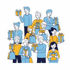 Group of people holding gifts and shopping bags celebrating a special occasion.