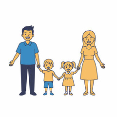 A happy family of four holding hands and smiling.