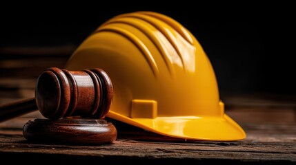 Construction helmet and gavel symbolizing safety and justice in the workplace environment