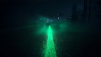 Bright green light beam illuminates dark misty forest path