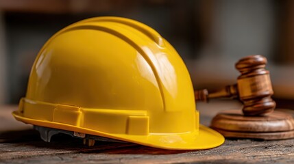 Yellow hard hat and wooden gavel on wooden surface representing construction law and safety regulations