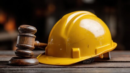 Legal matters in construction with yellow hard hat and gavel on wooden table during evening light