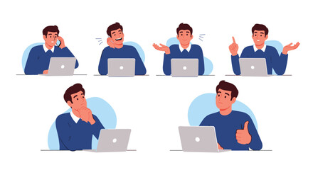 Man with laptop showing different emotions and gestures like talking on phone, thinking and giving thumbs up.
