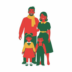 A happy family of four dressed in festive colors posing together.