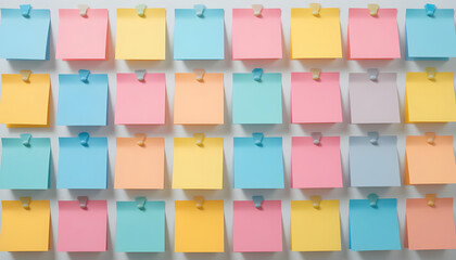 Vibrant collection of colorful sticky notes arranged neatly on a clear surface, perfect for brainstorming and organization ideas.