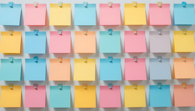 Vibrant collection of colorful sticky notes arranged neatly on a clear surface, perfect for brainstorming and organization ideas.