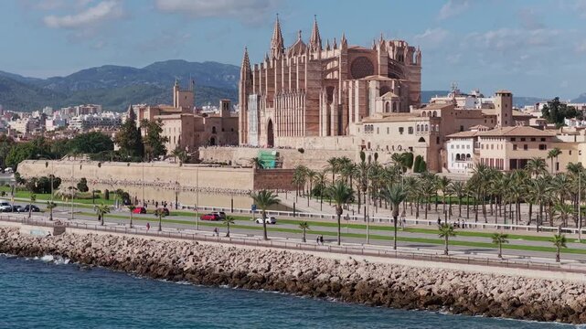 Aerial View of Palma de Mallorca Cathedral (La Seu) and Old Town on the Mediterranean Coast