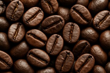 Fototapeta premium Close-up of roasted coffee beans with detailed texture and rich brown tones on dark background as a food concept image for freshness and aroma.. Ai generative