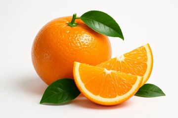 Fresh whole orange and two juicy slices with green leaves isolated on clean white background as a healthy food concept photo. Ai generative