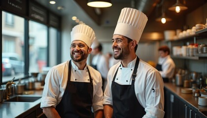 Two smiling male chefs in white uniforms and black aprons laugh heartily in a pro restaurant kitchen. They stand side by side, enjoying camaraderie. Other staff work blurred in background.