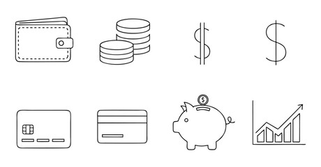 Finance and Savings Line Icons – Money, Piggy Bank and Budget Management Vector Set