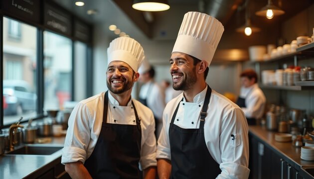 Two smiling male chefs in white uniforms and black aprons laugh heartily in a pro restaurant kitchen. They stand side by side, enjoying camaraderie. Other staff work blurred in background. - Powered by Adobe