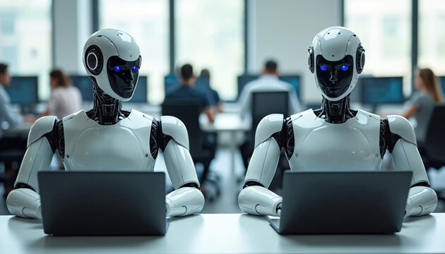 Two humanoid robots work on laptops at desks in a modern office environment. Humans blurred in background. Futuristic automation integration in business.