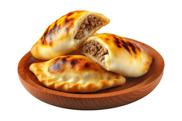 Sambousek Sambusa baked empanadas filled with ground beef and melted cheese on wooden plate, isolated on white transparent background, concept of savory snack food
