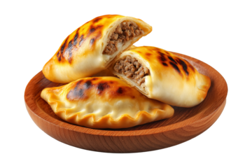 Sambousek Sambusa baked empanadas filled with ground beef and melted cheese on wooden plate, isolated on white transparent background, concept of savory snack food