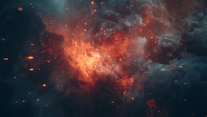 Fiery nebula in deep space with glowing stars and cosmic dust