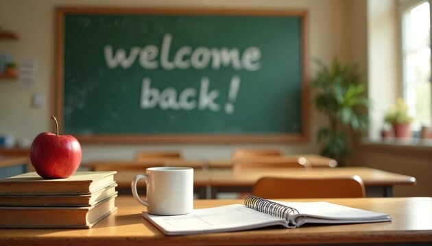 School classroom prepared for upcoming academic season. Green chalkboard displays large welcome back text message. Stacked old books, bright red apple, white coffee mug, open spiral notebook on wood