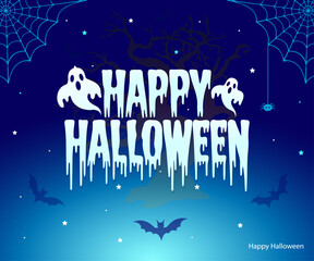 Happy Halloween Text Banner, Halloween cemetery landscape with old house, pumpkins and tombstones, vector background. Halloween holiday trick or treat party banner with midnight moon and cemetery.