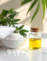 Still life with bath salts, oil, towel, and green leaves