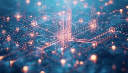 Abstract digital network with glowing lights and circuits