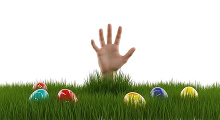 Fototapeta premium Hand emerging from grass with colorful Easter eggs image