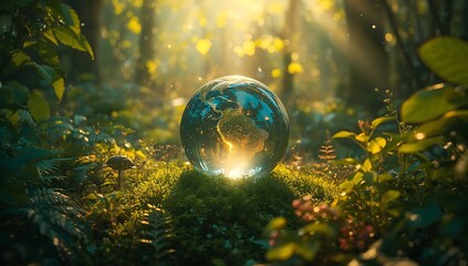Mystical glowing orb rests in a sunlit enchanted forest clearing
