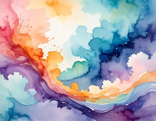 A vibrant watercolor artwork showcasing swirling, colorful waves and clouds, with splashes of paint