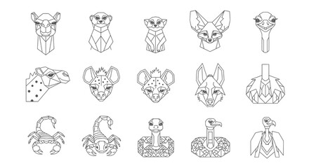 Geometric illustrations of various desert animals, featuring detailed outlines and angular designs.