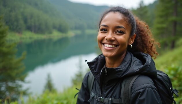 Young black woman smiles widely, wearing black jacket, backpack, posing near lake in green forest. Enjoys great outdoors, fresh air on hiking trip. Curly hair tied back. Looks happy, healthy