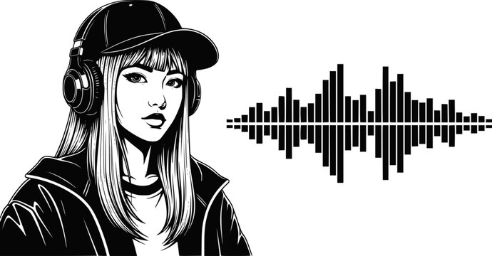 Design for music streaming platforms, podcast branding, or DJ promotions: Black and white illustration of a young woman with headphones and a digital audio equalizer. EPS version. - Powered by Adobe