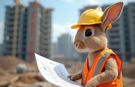 Cute rabbit in safety vest and hard hat studies blueprints on building site. Animal works as construction manager overseeing urban development and project progress with diligence.
